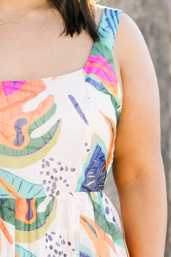Chic Soul plus size clothing, sleeveless fuchsia multi-colored flowy wide-leg jumpsuit with a square-neckline and a strap with a multi-colored tropical floral pattern