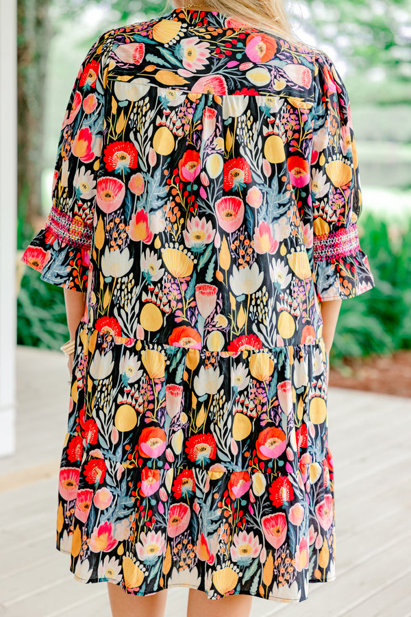 Chic Soul plus size clothing, navy blue ruffle cuffed half sleeve slit neckline short tiered dress with large pink and yellow floral pattern