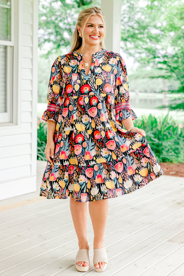 Chic Soul plus size clothing, navy blue ruffle cuffed half sleeve slit neckline short tiered dress with large pink and yellow floral pattern