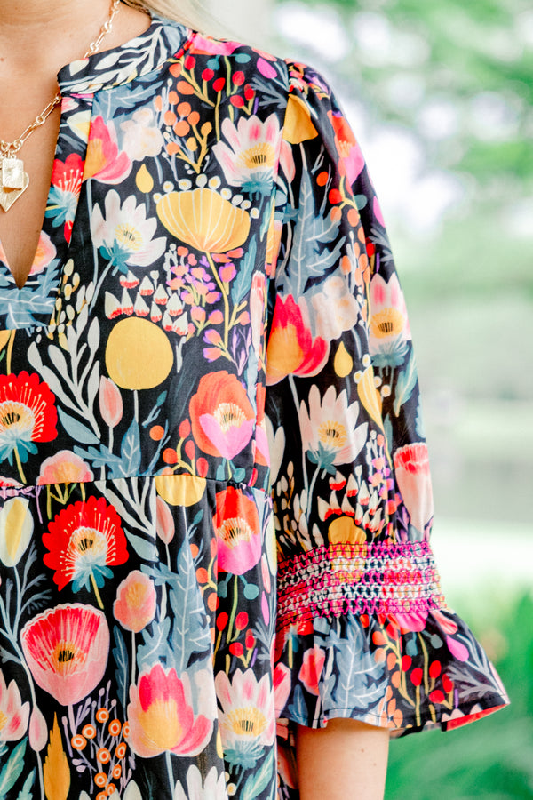 Chic Soul plus size clothing, navy blue ruffle cuffed half sleeve slit neckline short tiered dress with large pink and yellow floral pattern