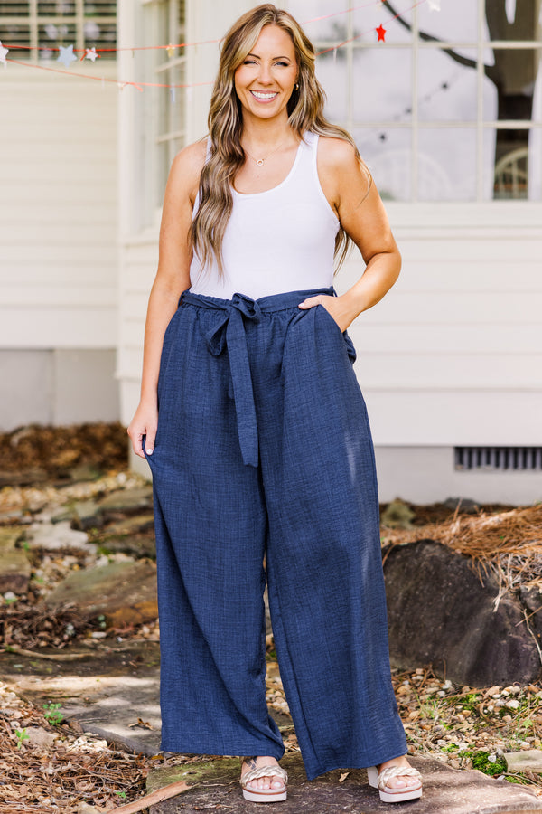 Chic Soul plus size clothing, flowy navy blue wide-leg pants with waist-tie 