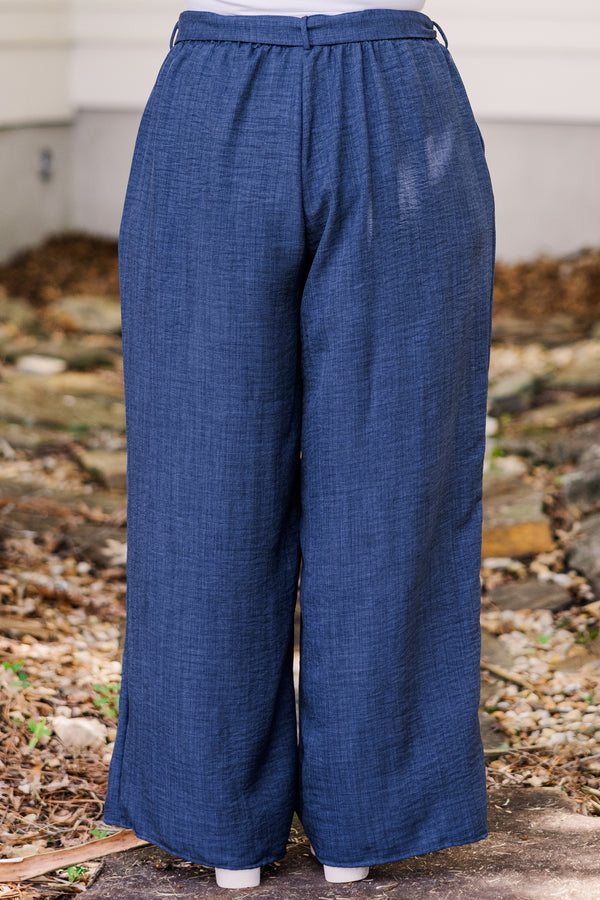 Chic Soul plus size clothing, flowy navy blue wide-leg pants with waist-tie 