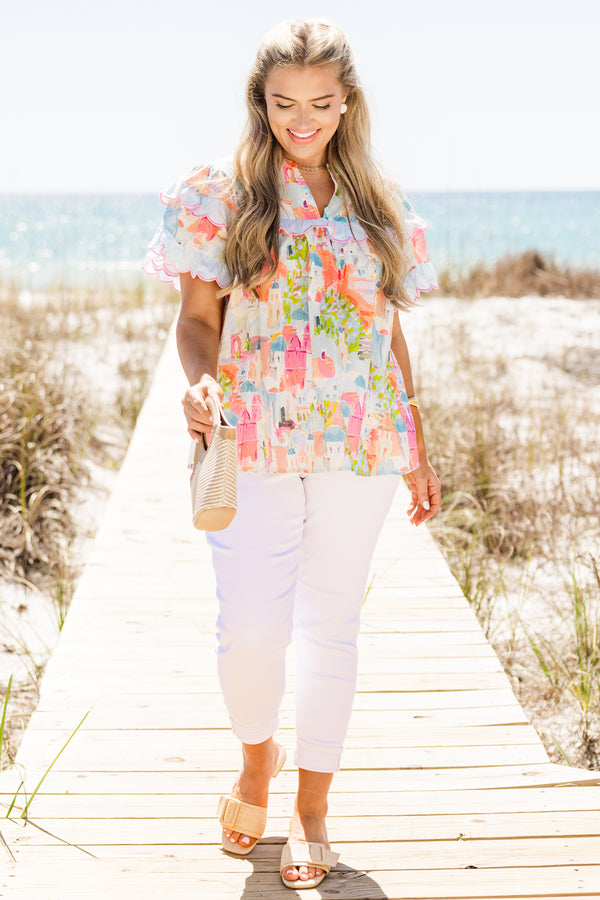 Chic Soul plus size clothing, short-flutter-sleeve blue top with a scalloped embroidered lining along sleeves and bodice with a split-v-neckline and a multi-colored abstract watercolor landscape pattern 