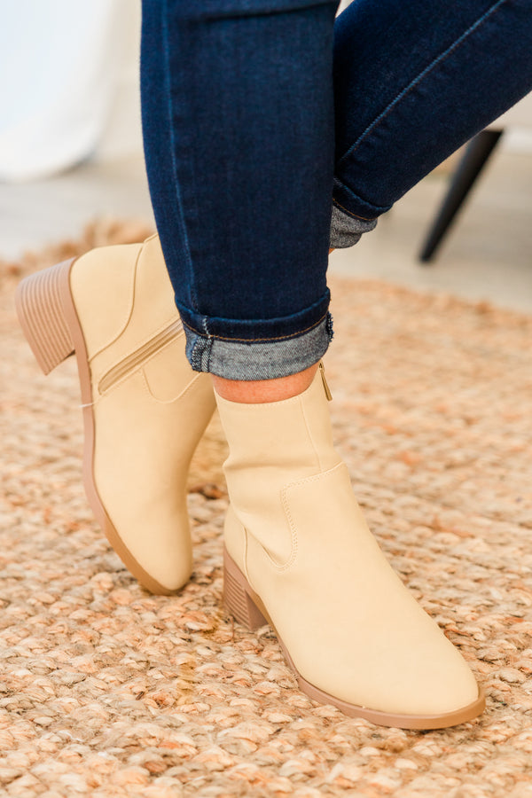 Chic Soul plus size clothing, beige round toe booties with gold zipped on the inside with slight wood block heel