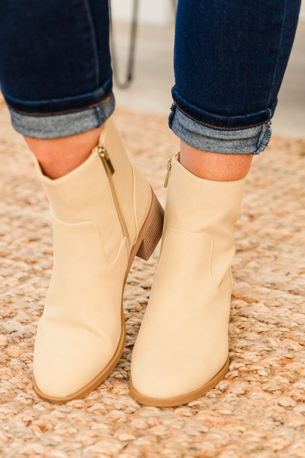 Chic Soul plus size clothing, beige round toe booties with gold zipped on the inside with slight wood block heel