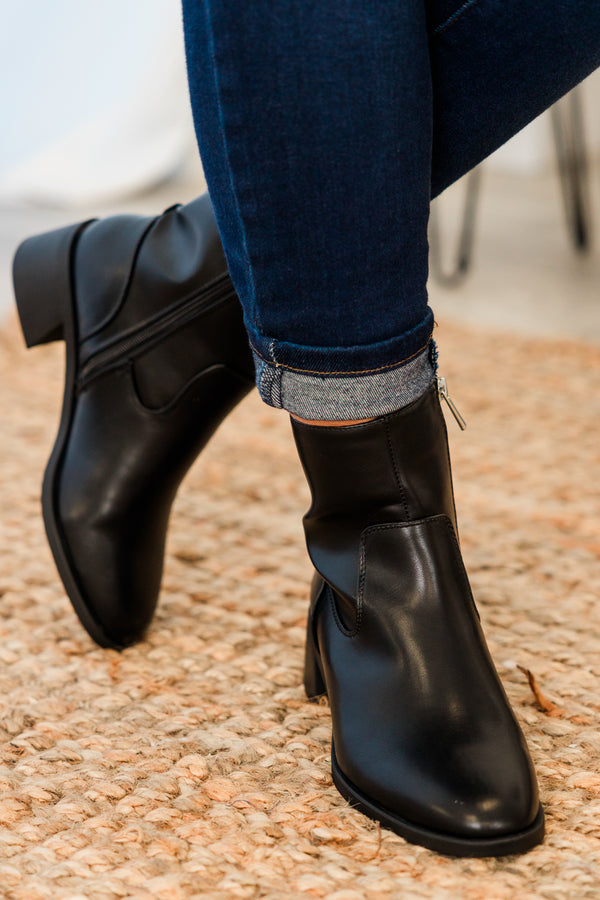 Chic Soul plus size clothing, black faux leather chelsea booties with a subtle heel and zipper on the side