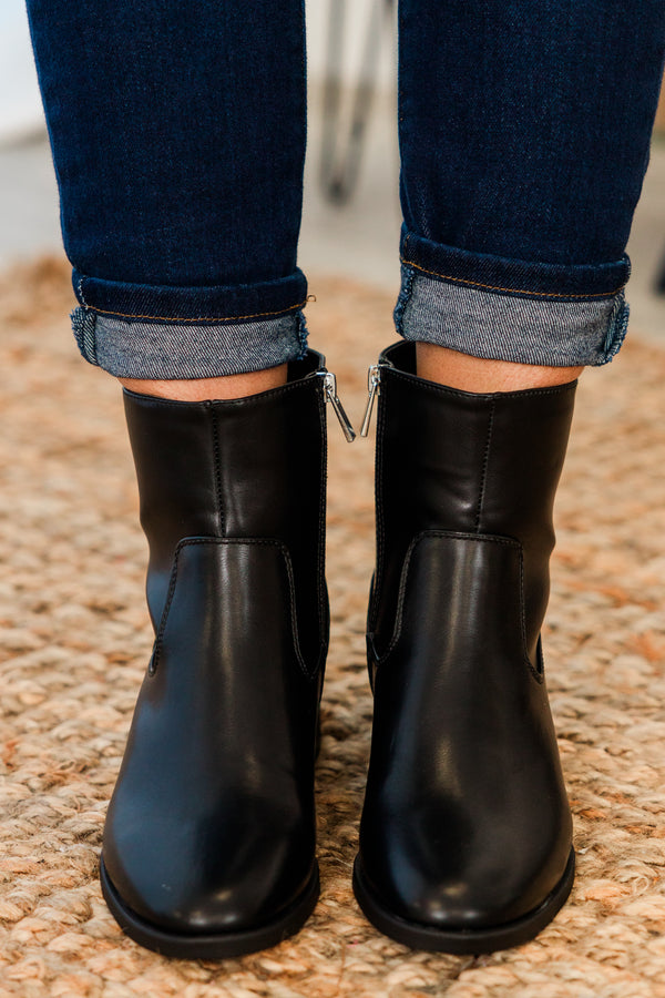 Chic Soul plus size clothing, black faux leather chelsea booties with a subtle heel and zipper on the side