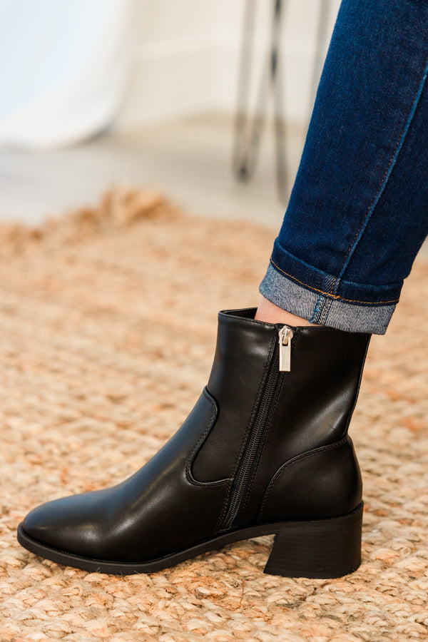 Chic Soul plus size clothing, black faux leather chelsea booties with a subtle heel and zipper on the side
