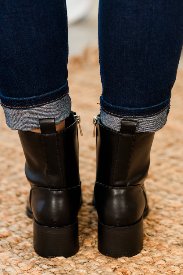 Chic Soul plus size clothing, black faux leather chelsea booties with a subtle heel and zipper on the side