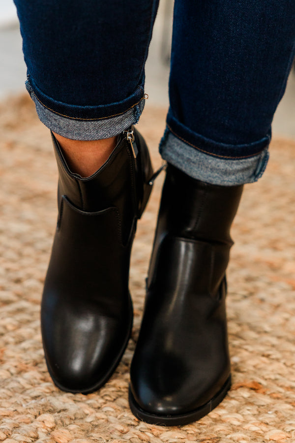 Chic Soul plus size clothing, black faux leather chelsea booties with a subtle heel and zipper on the side