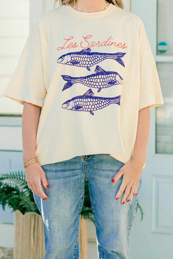 Chic Soul plus size clothing, sand colored half sleeve crewneck tee with blue sardines graphic