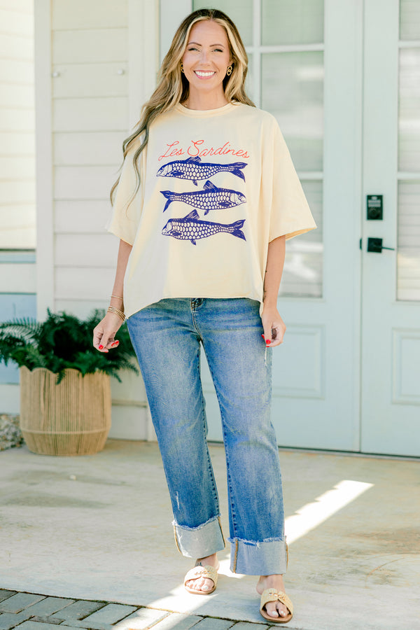Chic Soul plus size clothing, sand colored half sleeve crewneck tee with blue sardines graphic