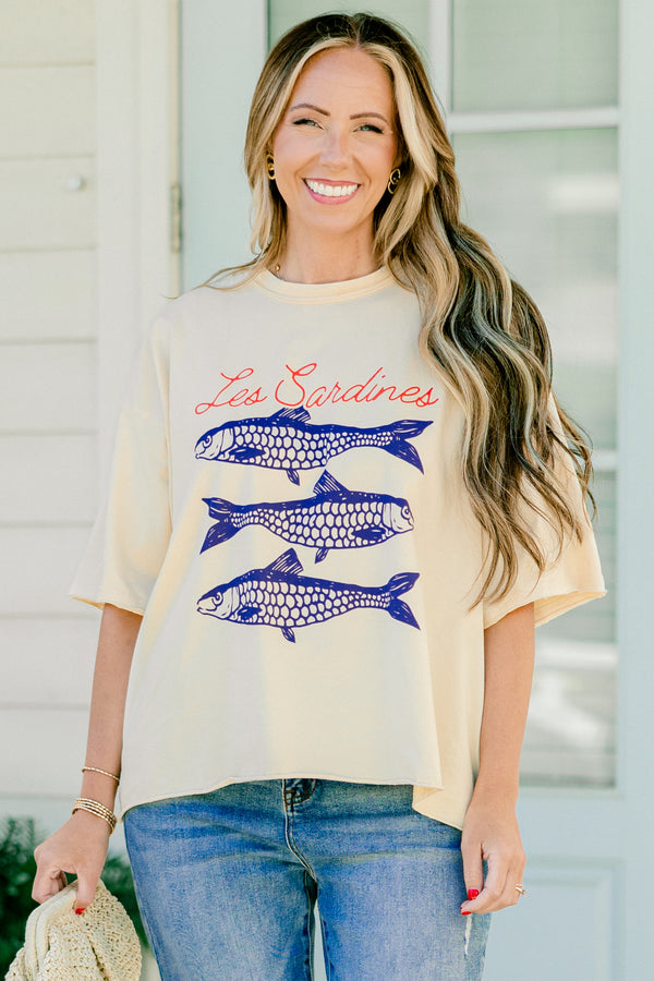 Chic Soul plus size clothing, sand colored half sleeve crewneck tee with blue sardines graphic
