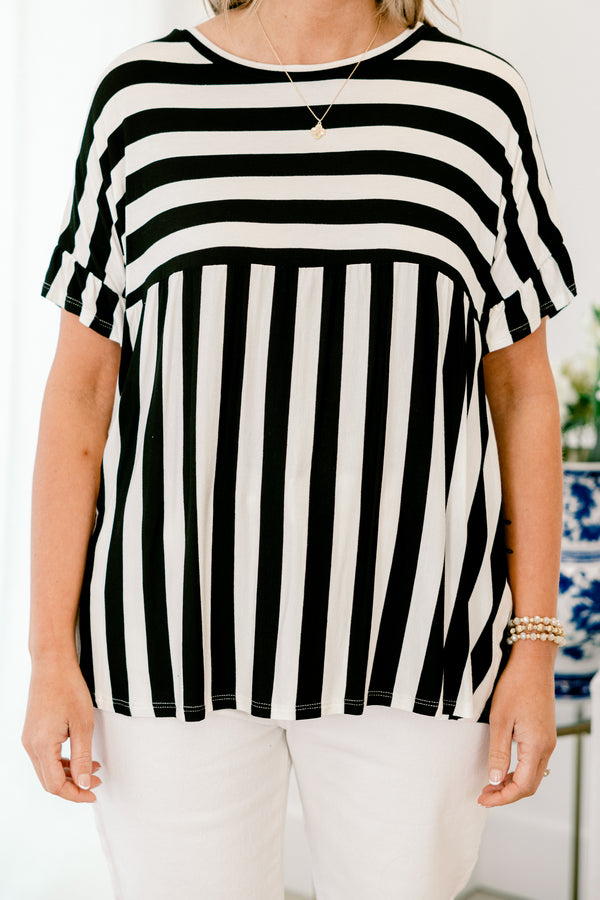 Chic Soul plus size clothing, short-sleeve black and white striped abstract top with a high-scoop-neckline 