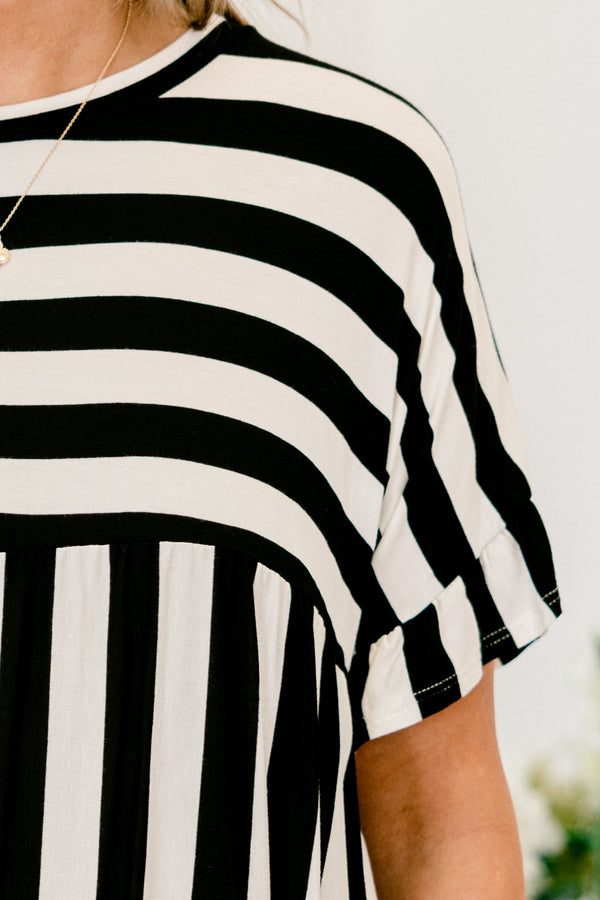 Chic Soul plus size clothing, short-sleeve black and white striped abstract top with a high-scoop-neckline 