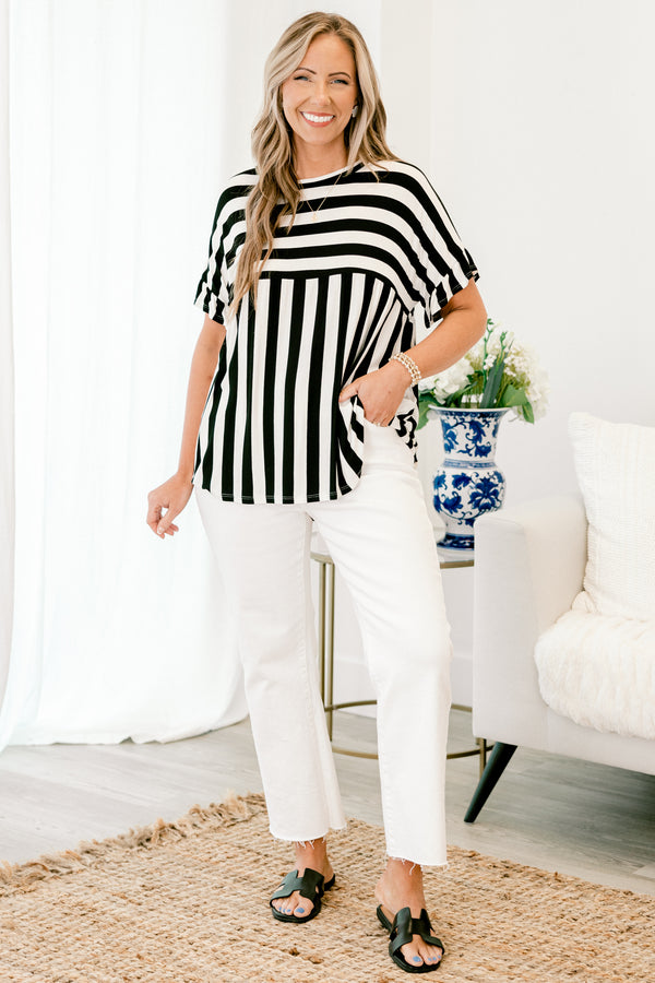 Chic Soul plus size clothing, short-sleeve black and white striped abstract top with a high-scoop-neckline 