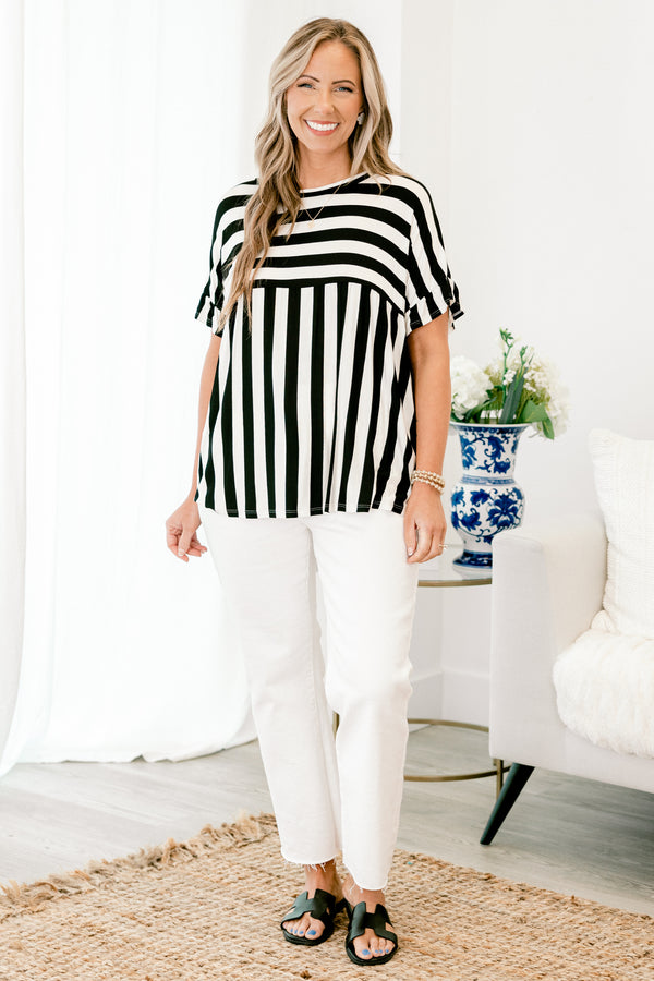 Chic Soul plus size clothing, short-sleeve black and white striped abstract top with a high-scoop-neckline 
