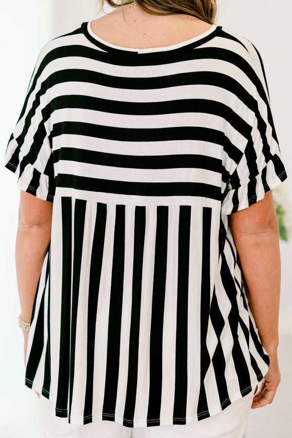 Chic Soul plus size clothing, short-sleeve black and white striped abstract top with a high-scoop-neckline 