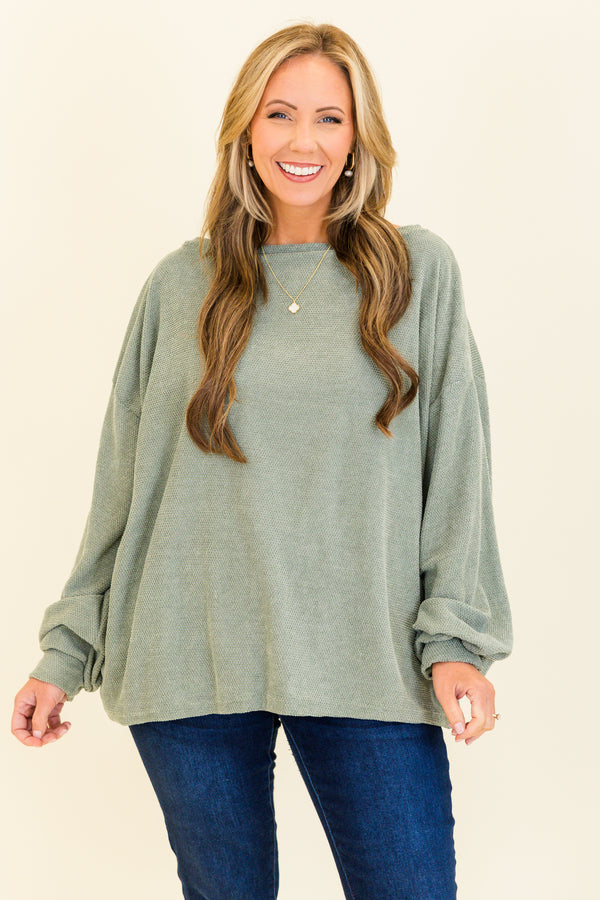 Chic Soul plus size clothing, sage long sleeve textured fabric top with cuffed baggy sleeves with round neckline