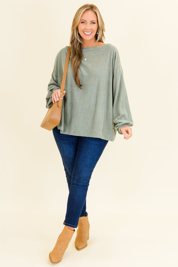Chic Soul plus size clothing, sage long sleeve textured fabric top with cuffed baggy sleeves with round neckline