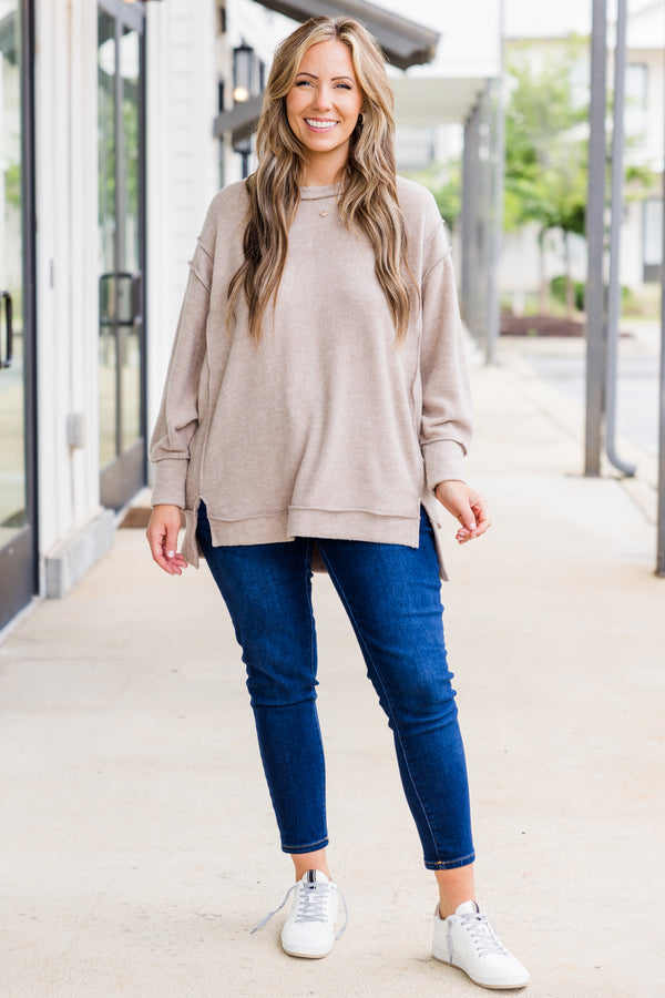 Chic Soul plus size clothing, long-sleeve ash mocha sweater with distressed stitching with scoop-neckline