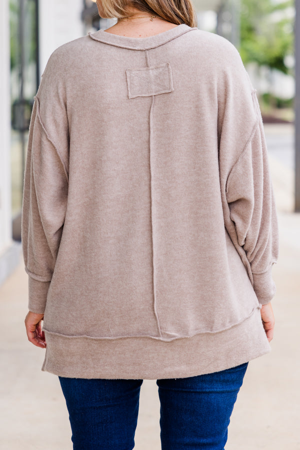 Chic Soul plus size clothing, long-sleeve ash mocha sweater with distressed stitching with scoop-neckline