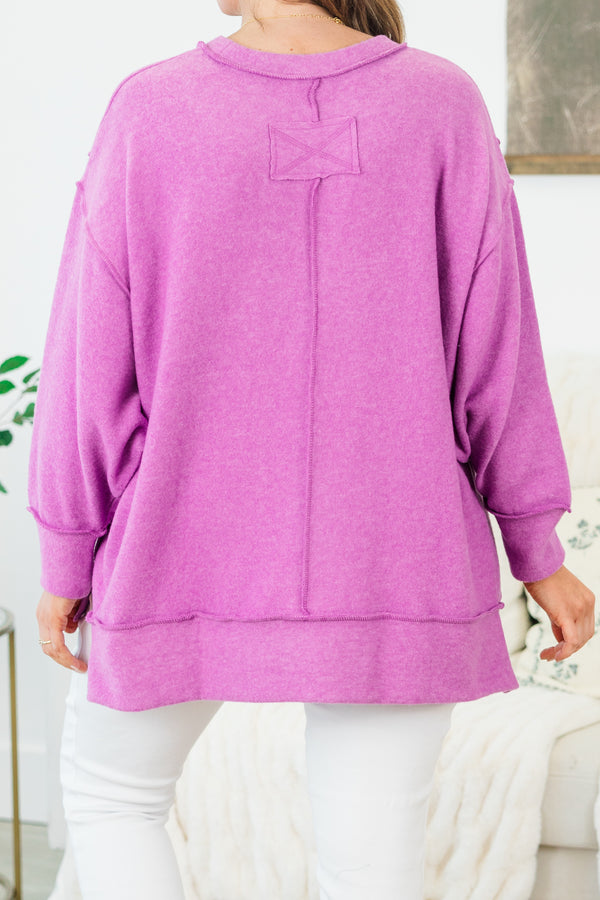 Chic Soul plus size clothing, bright violet long sleeve soft sweater with outer stitching detail with round neckline