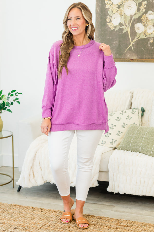 Chic Soul plus size clothing, bright violet long sleeve soft sweater with outer stitching detail with round neckline