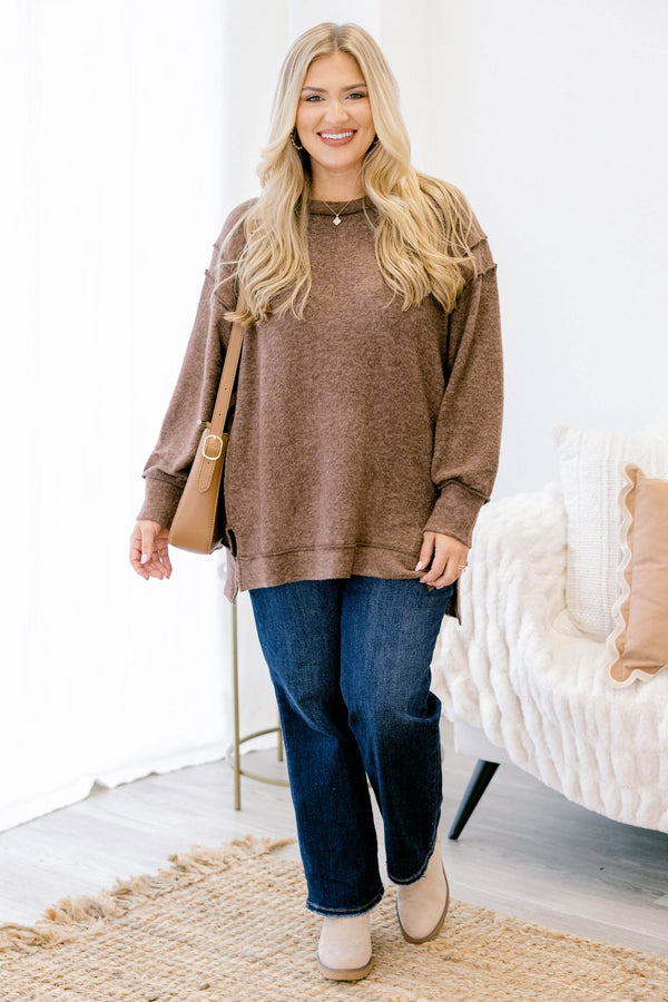Chic Soul plus size clothing, brow long sleeve casual crewneck sweater