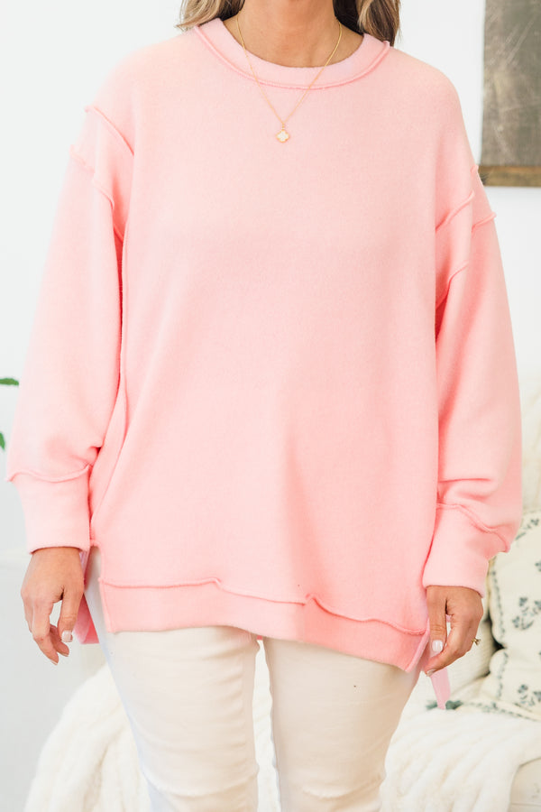 Chic Soul plus size clothing, dark pink long sleeve sweater with round neckline with cuff sleeves and slits on the side with outer stitching detail