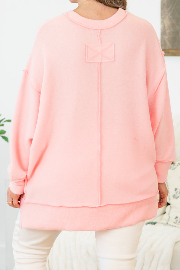 Chic Soul plus size clothing, dark pink long sleeve sweater with round neckline with cuff sleeves and slits on the side with outer stitching detail
