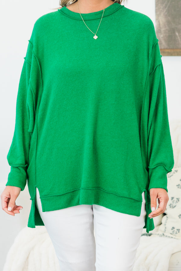 Chic Soul plus size clothing, kelly green long sleeve soft sweater with round neckline with outer stitching detail with slits on the side