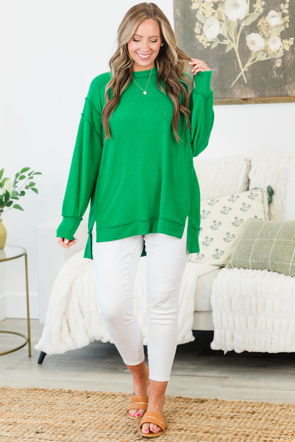 Chic Soul plus size clothing, kelly green long sleeve soft sweater with round neckline with outer stitching detail with slits on the side