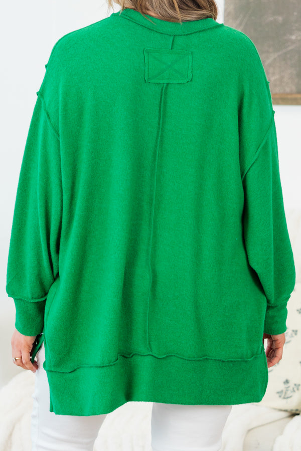 Chic Soul plus size clothing, kelly green long sleeve soft sweater with round neckline with outer stitching detail with slits on the side