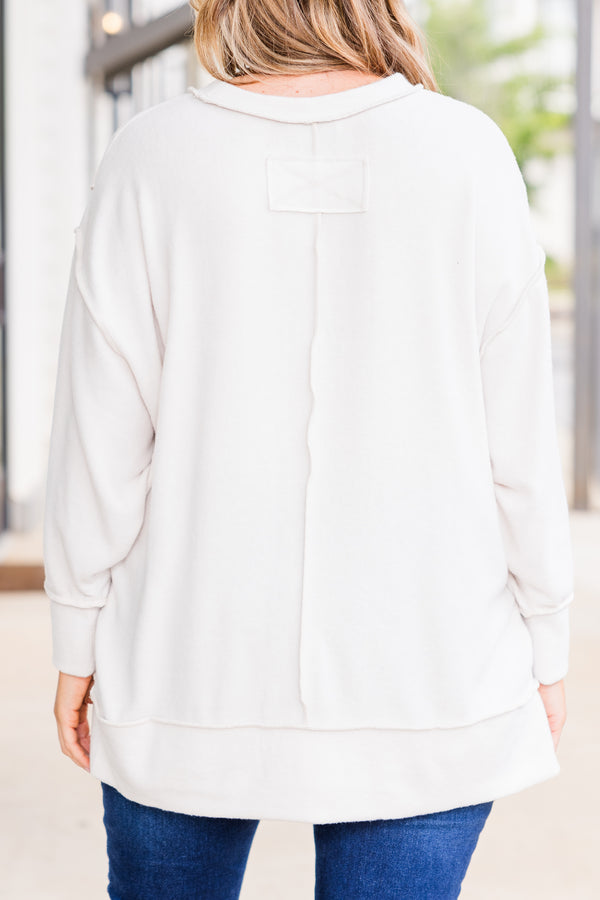 Chic Soul plus size clothing, long-sleeve sand beige sweater with high-scoop-neckline and distressed stitching