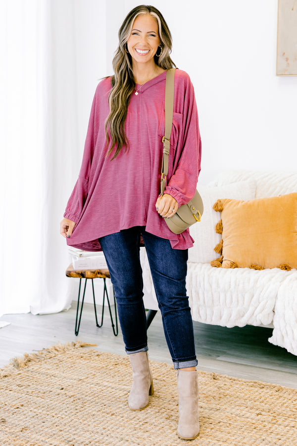 Chic Soul plus size clothing, rose colored long sleeve casual top with a pocket on the left side of the shirt