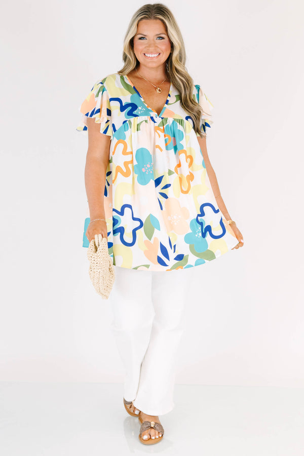 Chic Soul plus size clothing, multicolor floral pattern babydoll style top with flutter sleeves