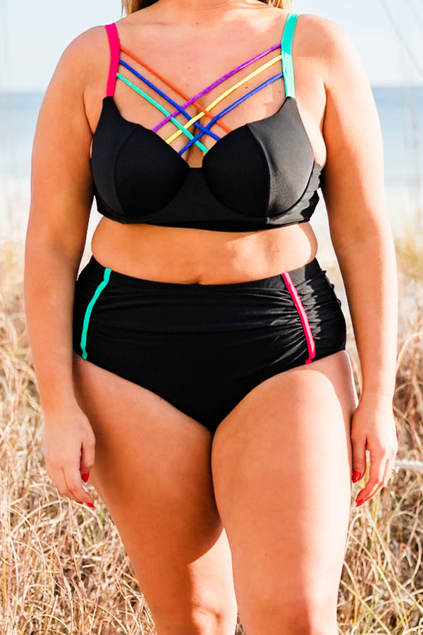 Plus Size high-waisted black swim bottoms with teal and pink side piping.