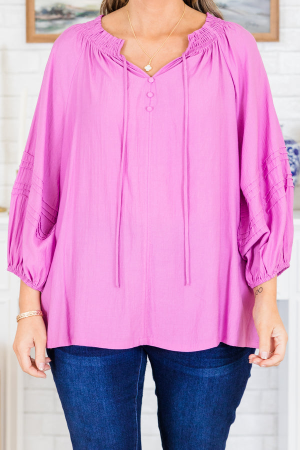 Chic Soul plus size clothing, quarter-sleeve lavender purple blouse with a smocked ruffled neckline and tassels with three subtle buttons at the top