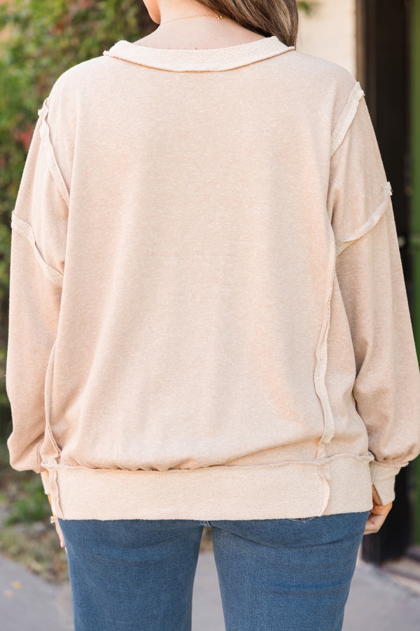 Chic Soul plus size clothing, long-sleeve scoop-neckline ash mocha sweater with distressed inside-out stitching