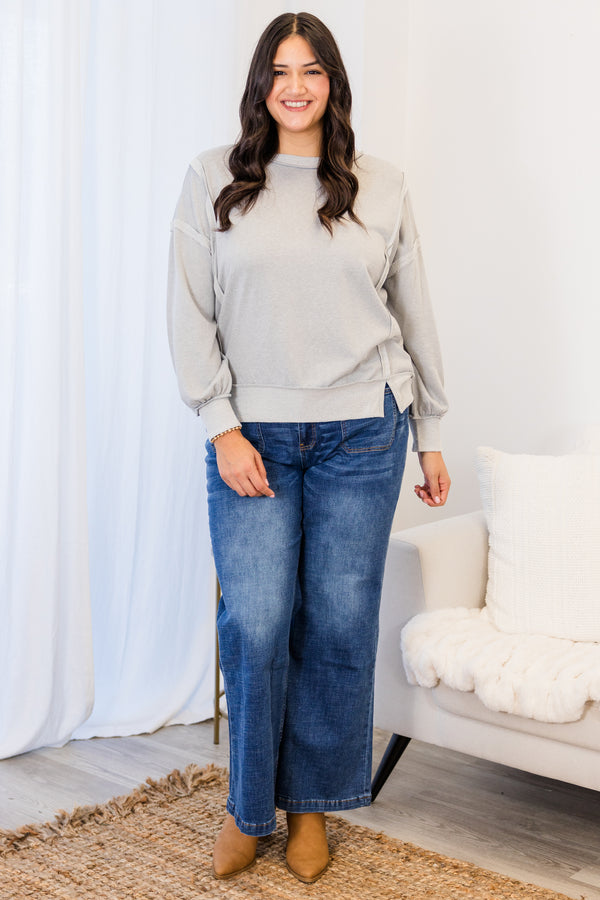 
Chic Soul plus size clothing, light grey long sleeve sweater with two toned outer stitching detail with round neckline and cuff sleeves with band along bottom with slits on each side
