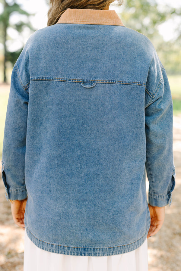 Plus Size denim jacket with a tan corduroy collar, chest pockets, and button-down front.
