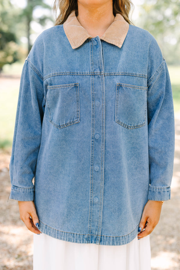 Plus Size denim jacket with a tan corduroy collar, chest pockets, and button-down front.