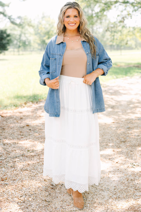 Plus Size denim jacket with a tan corduroy collar, chest pockets, and button-down front.