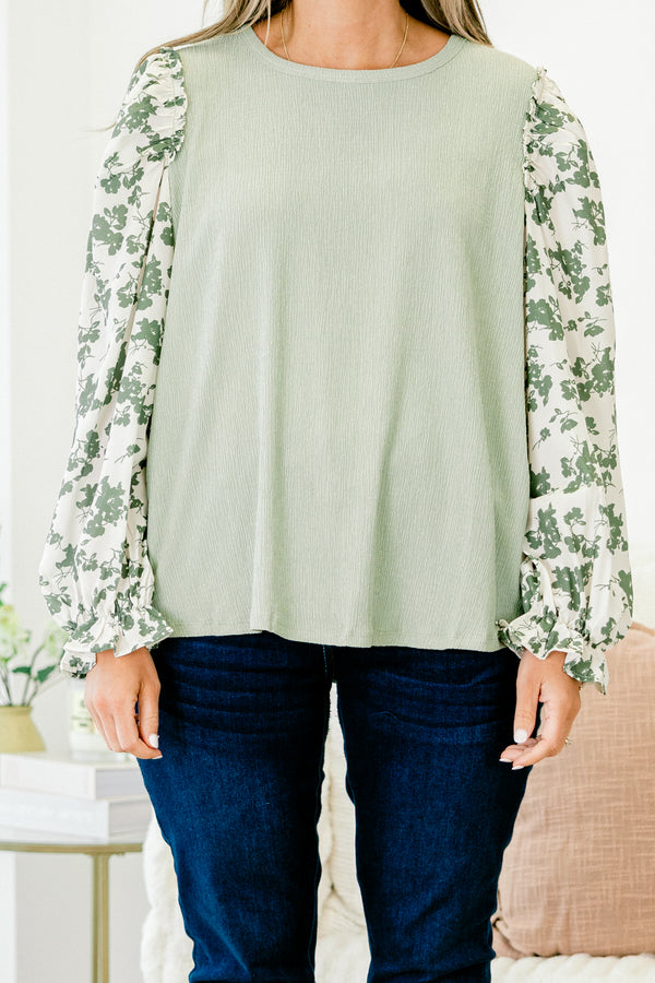 Chic Soul plus size clothing, sage green long-balloon sleeve crewneck casual top with green floral print sheer ivory sleeves