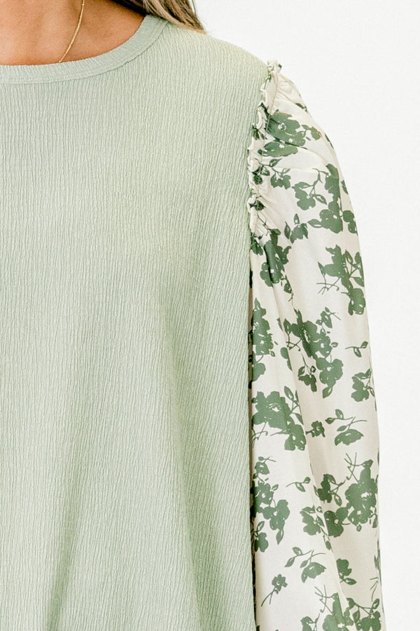 Chic Soul plus size clothing, sage green long-balloon sleeve crewneck casual top with green floral print sheer ivory sleeves
