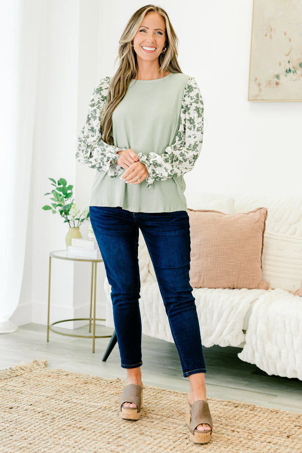 Chic Soul plus size clothing, sage green long-balloon sleeve crewneck casual top with green floral print sheer ivory sleeves