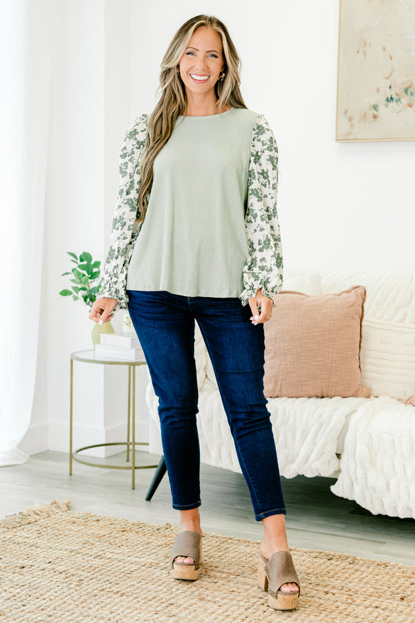 Chic Soul plus size clothing, sage green long-balloon sleeve crewneck casual top with green floral print sheer ivory sleeves