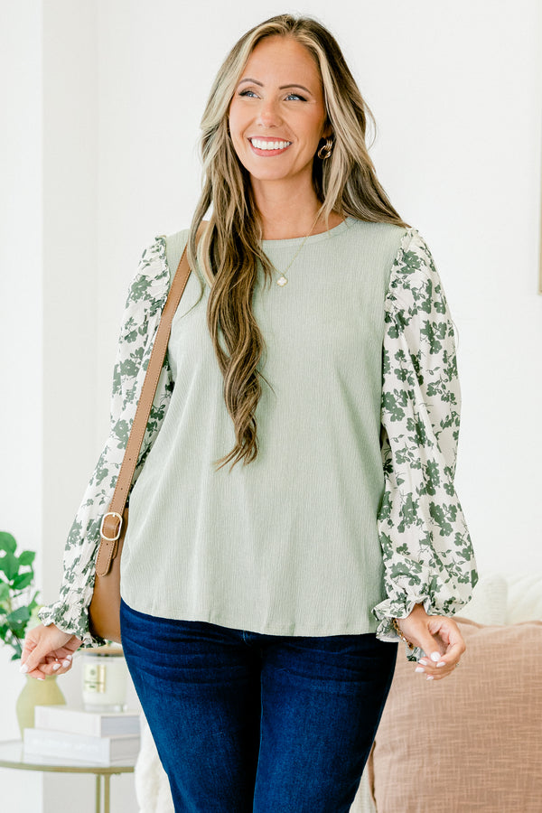 Chic Soul plus size clothing, sage green long-balloon sleeve crewneck casual top with green floral print sheer ivory sleeves