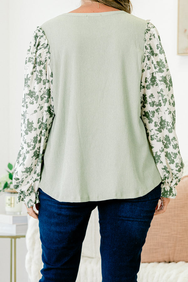 Chic Soul plus size clothing, sage green long-balloon sleeve crewneck casual top with green floral print sheer ivory sleeves